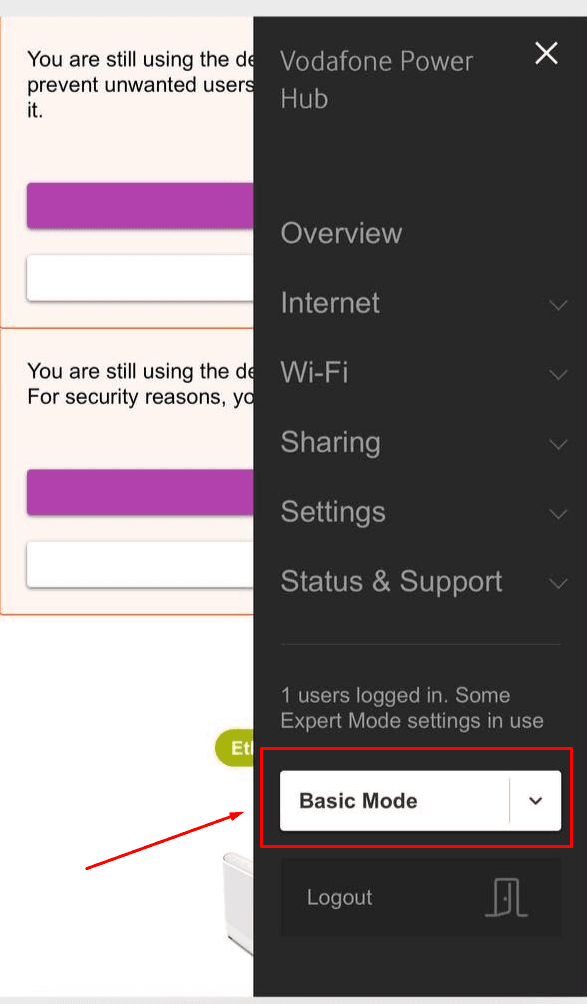 Vodafone Power Hub menu with the Basic Mode dropdown highlighted. Switch this to Expert Mode.